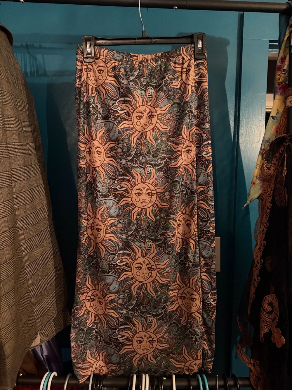 SHEIN Black Maxi Skirt with Orange Sun Print